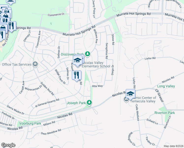 map of restaurants, bars, coffee shops, grocery stores, and more near 39600 Parkview Drive in Temecula