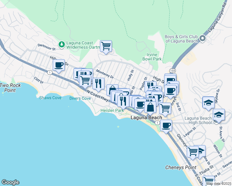 map of restaurants, bars, coffee shops, grocery stores, and more near 396 Cypress Drive in Laguna Beach