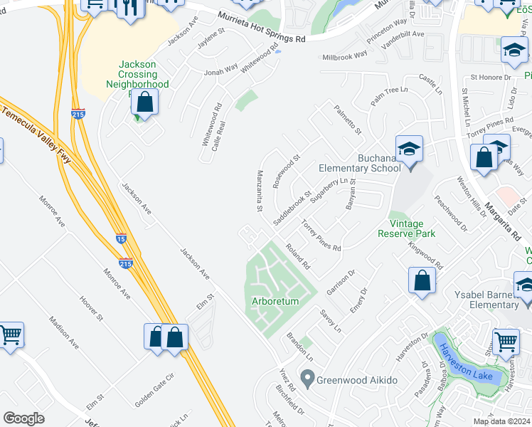 map of restaurants, bars, coffee shops, grocery stores, and more near 26214 Manzanita Street in Murrieta