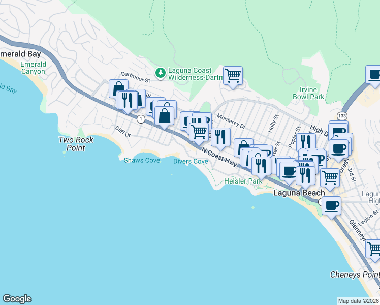 map of restaurants, bars, coffee shops, grocery stores, and more near 632 Cliff Drive in Laguna Beach