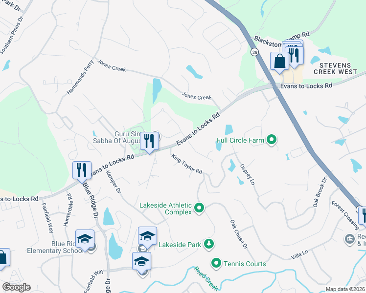 map of restaurants, bars, coffee shops, grocery stores, and more near 300 Ash Court in Evans