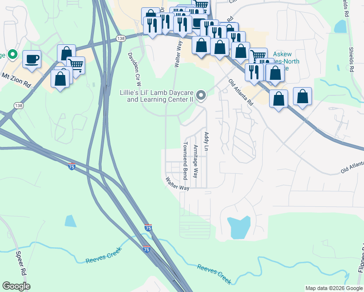 map of restaurants, bars, coffee shops, grocery stores, and more near 460 Townsend Bend in Stockbridge