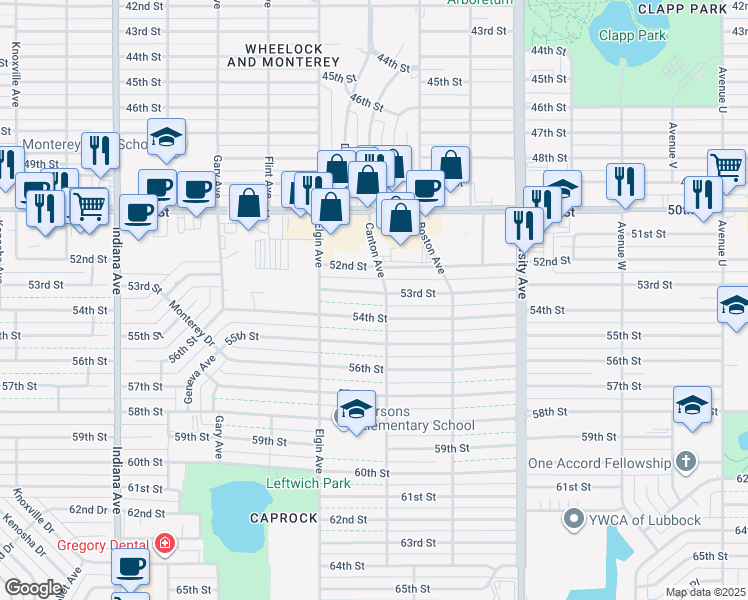 map of restaurants, bars, coffee shops, grocery stores, and more near 2805 53rd Street in Lubbock