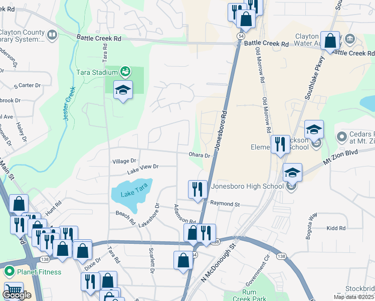 map of restaurants, bars, coffee shops, grocery stores, and more near 7415 Garnet Drive in Jonesboro