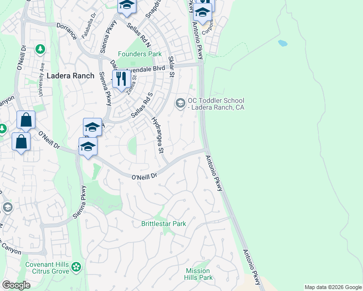 map of restaurants, bars, coffee shops, grocery stores, and more near 33 Craftsbury Place in Ladera Ranch