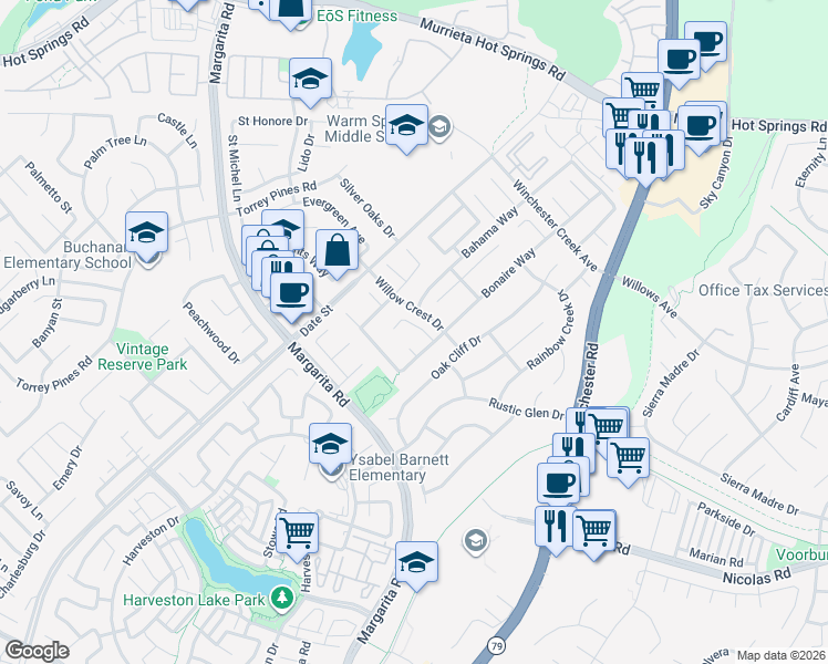 map of restaurants, bars, coffee shops, grocery stores, and more near 26924 Saint Kitts Court in Murrieta