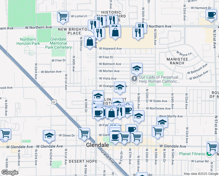 map of restaurants, bars, coffee shops, grocery stores, and more near 5754 West Orangewood Avenue in Glendale