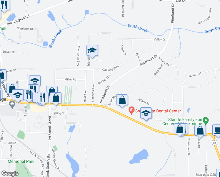 map of restaurants, bars, coffee shops, grocery stores, and more near 80 Pinehurst Drive in Stockbridge