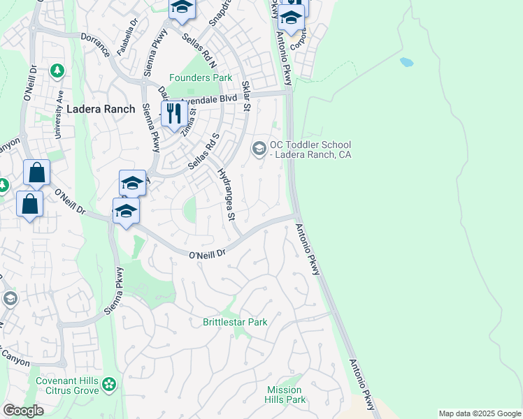 map of restaurants, bars, coffee shops, grocery stores, and more near 33 Craftsbury Place in Ladera Ranch