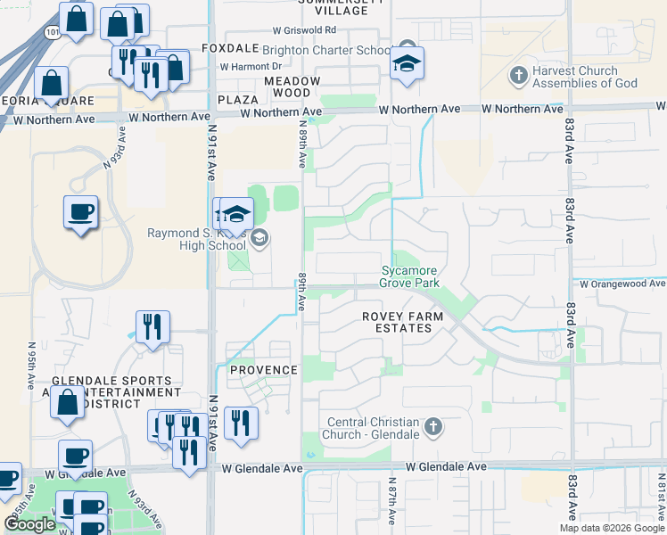 map of restaurants, bars, coffee shops, grocery stores, and more near 8823 West Carole Lane in Glendale