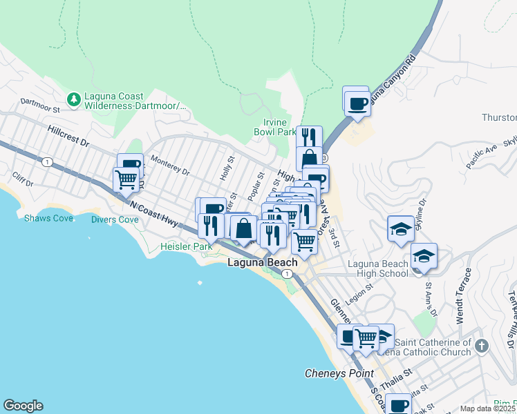 map of restaurants, bars, coffee shops, grocery stores, and more near 215 Monterey Drive in Laguna Beach