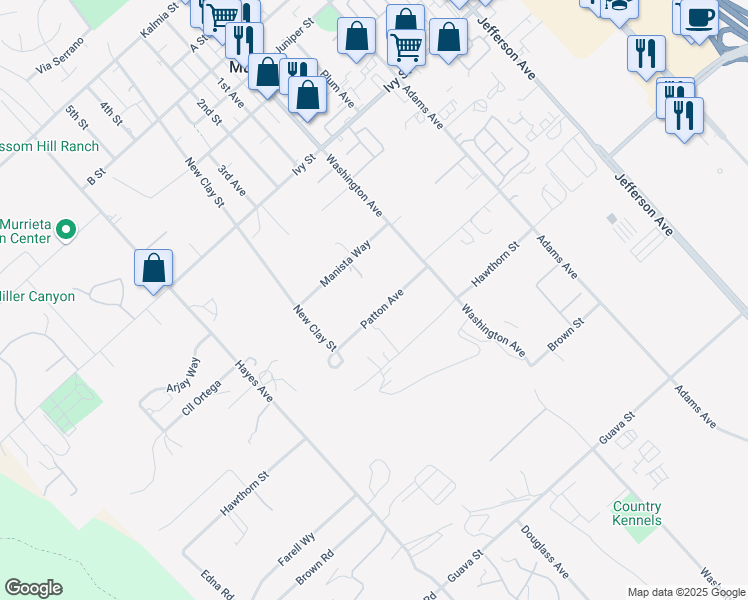 map of restaurants, bars, coffee shops, grocery stores, and more near 42165 Patton Place in Murrieta