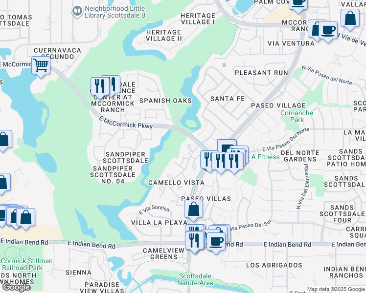 map of restaurants, bars, coffee shops, grocery stores, and more near 7420 North Vía Camello Del Norte in Scottsdale