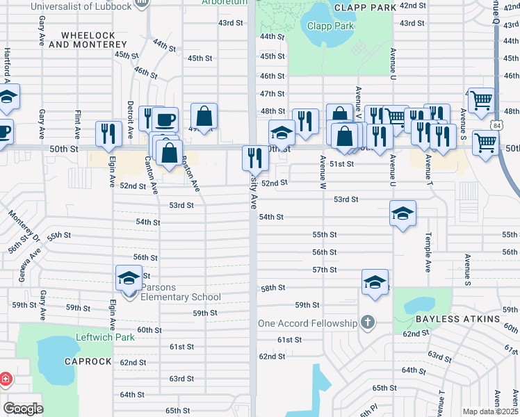 map of restaurants, bars, coffee shops, grocery stores, and more near 2323-2499 53rd Street in Lubbock