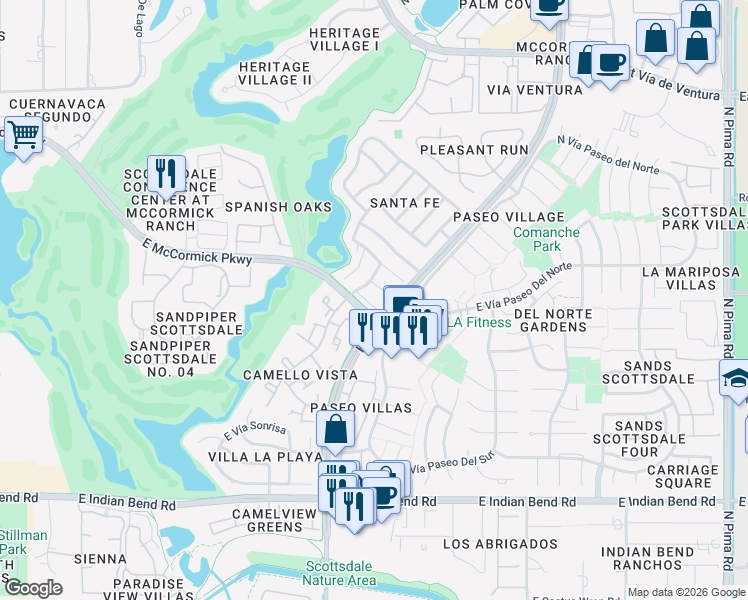 map of restaurants, bars, coffee shops, grocery stores, and more near 8094 East Vía Del Arbor in Scottsdale