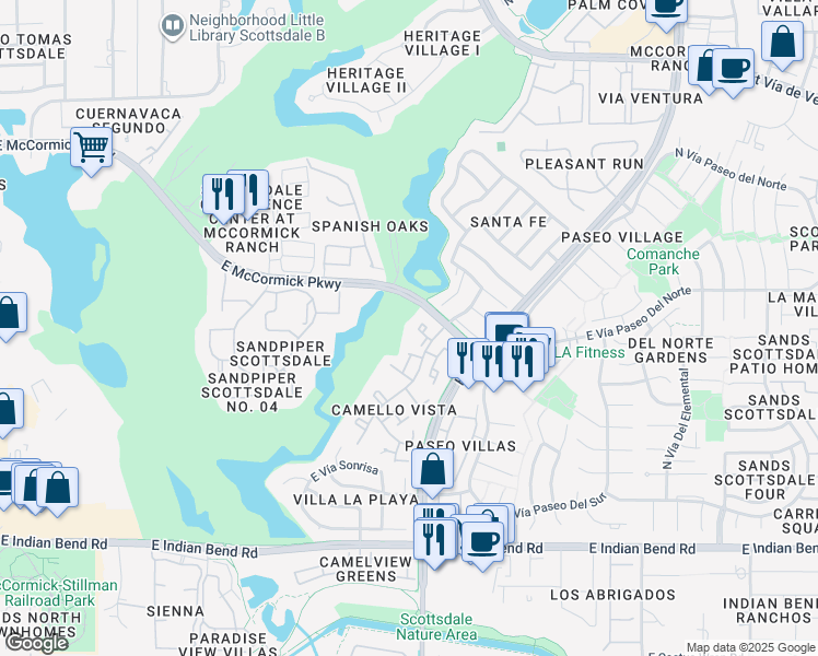 map of restaurants, bars, coffee shops, grocery stores, and more near 7420 North Vía Camello Del Norte in Scottsdale