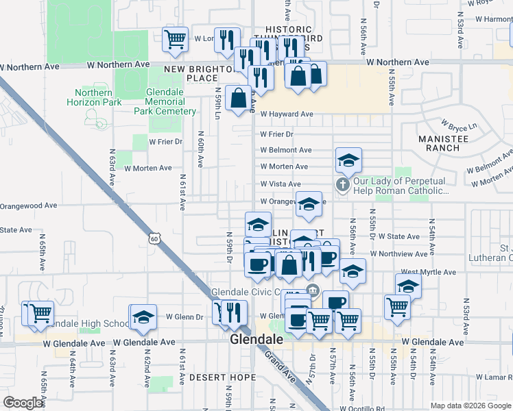 map of restaurants, bars, coffee shops, grocery stores, and more near 7508 North 59th Avenue in Glendale