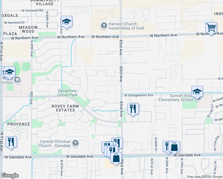 map of restaurants, bars, coffee shops, grocery stores, and more near 7536 North 83rd Avenue in Glendale