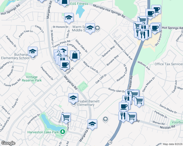 map of restaurants, bars, coffee shops, grocery stores, and more near 26924 Saint Kitts Court in Murrieta