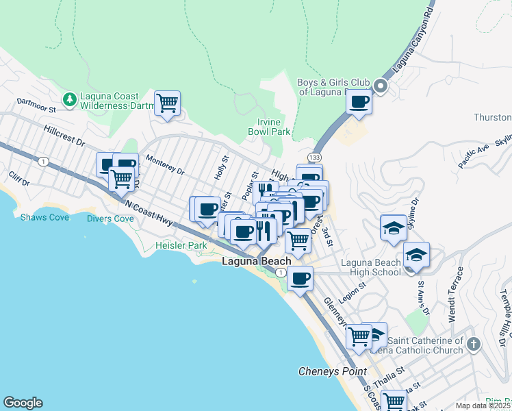 map of restaurants, bars, coffee shops, grocery stores, and more near 409 Poplar Street in Laguna Beach