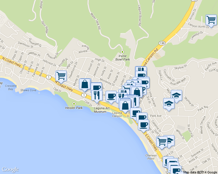 map of restaurants, bars, coffee shops, grocery stores, and more near 380 Aster Street in Laguna Beach