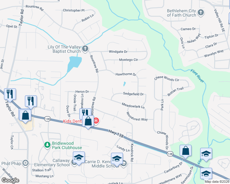 map of restaurants, bars, coffee shops, grocery stores, and more near 7664 Cloverdale Lane in Jonesboro
