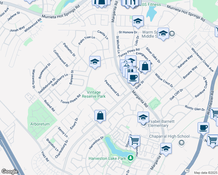 map of restaurants, bars, coffee shops, grocery stores, and more near 26641 Peachwood Drive in Murrieta