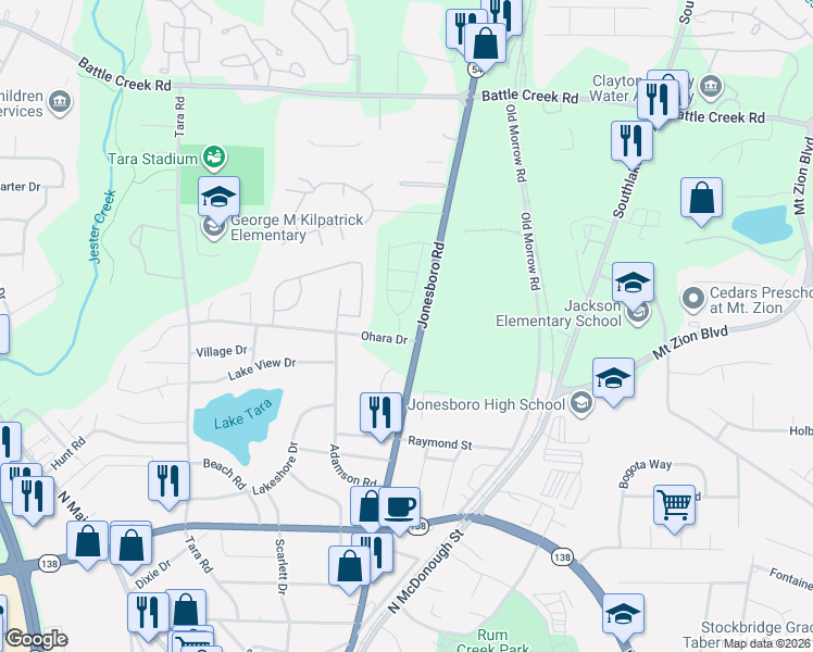 map of restaurants, bars, coffee shops, grocery stores, and more near 7601-7699 Jonesboro Rd in Jonesboro