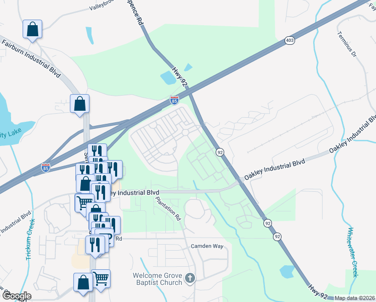 map of restaurants, bars, coffee shops, grocery stores, and more near 7615 Avalon Boulevard in Fairburn