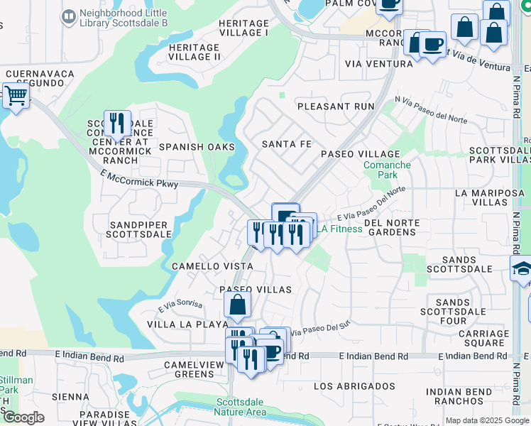 map of restaurants, bars, coffee shops, grocery stores, and more near 8094 East Vía Del Arbor in Scottsdale