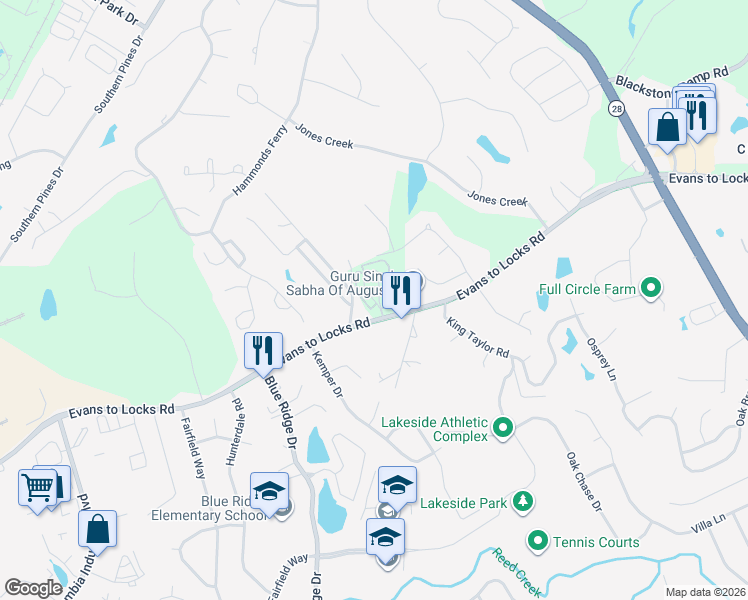 map of restaurants, bars, coffee shops, grocery stores, and more near 4045 Evans to Locks Road in Evans