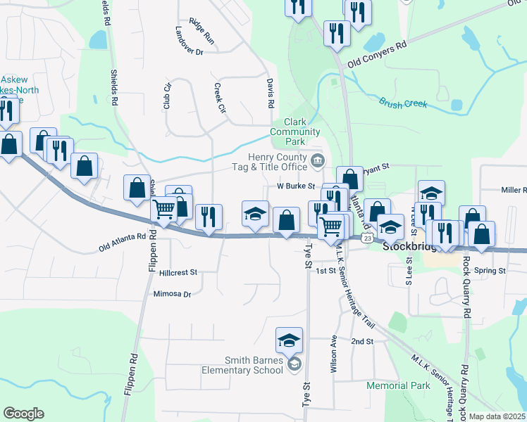 map of restaurants, bars, coffee shops, grocery stores, and more near 105 Oak Hill Circle in Stockbridge