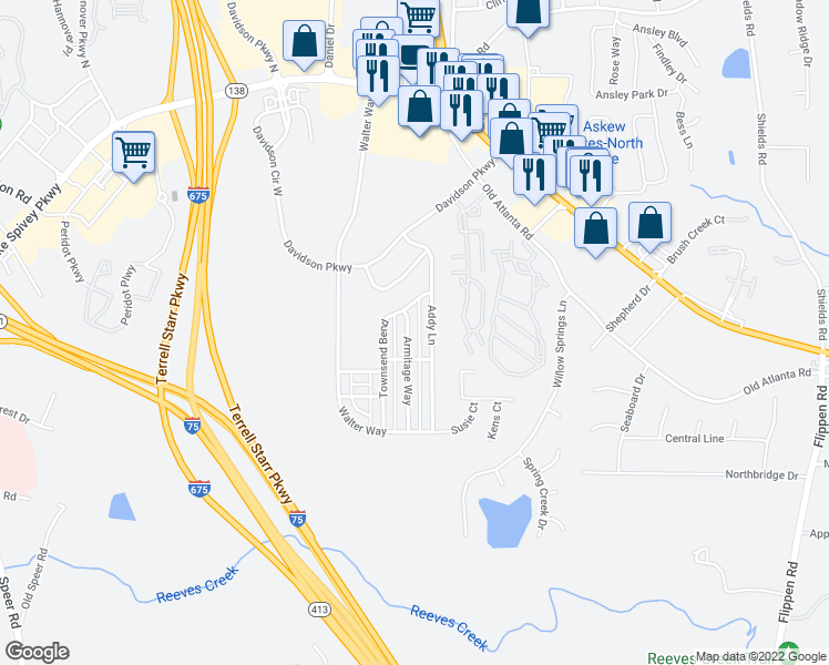 map of restaurants, bars, coffee shops, grocery stores, and more near 604 Armitage Way in Stockbridge