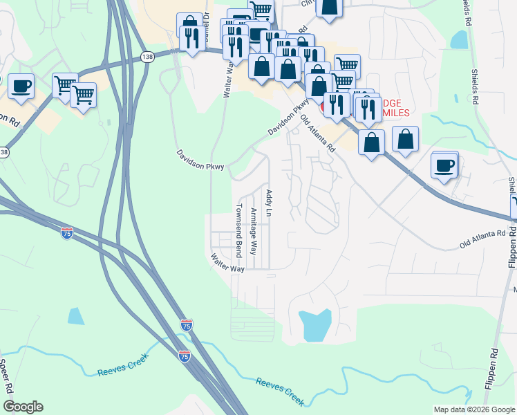 map of restaurants, bars, coffee shops, grocery stores, and more near 604 Armitage Way in Stockbridge