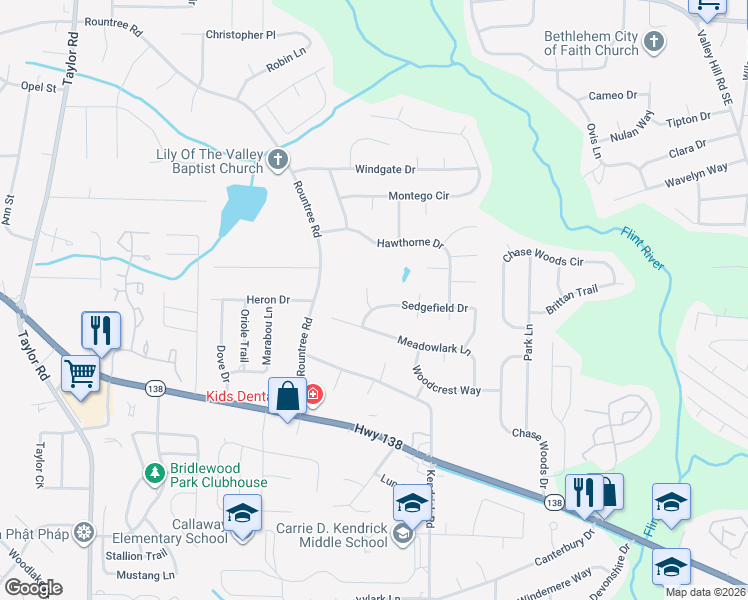 map of restaurants, bars, coffee shops, grocery stores, and more near 7664 Cloverdale Lane in Jonesboro