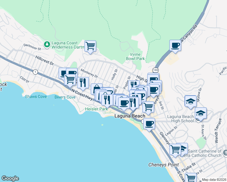 map of restaurants, bars, coffee shops, grocery stores, and more near 370 Aster Street in Laguna Beach