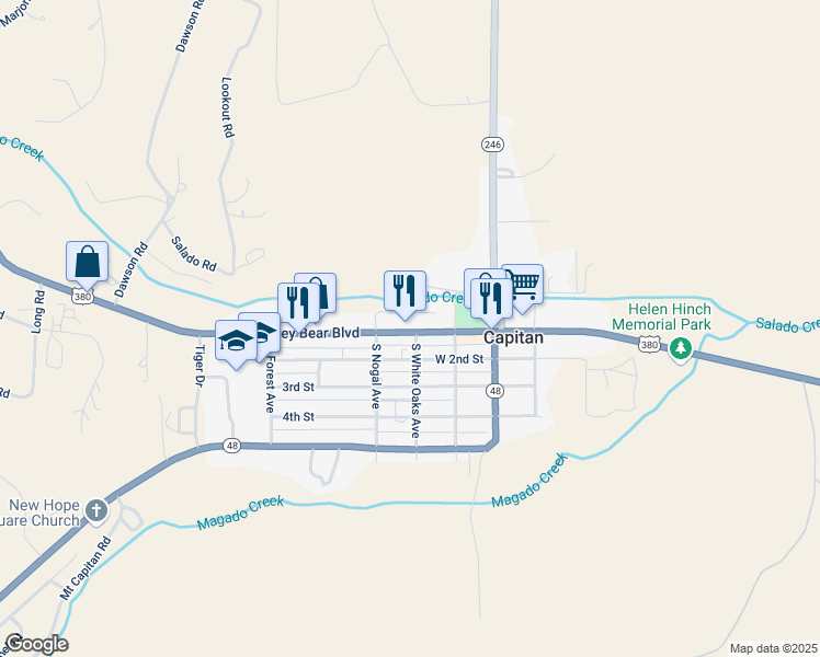 map of restaurants, bars, coffee shops, grocery stores, and more near 310 Smokey Bear Boulevard in Capitan