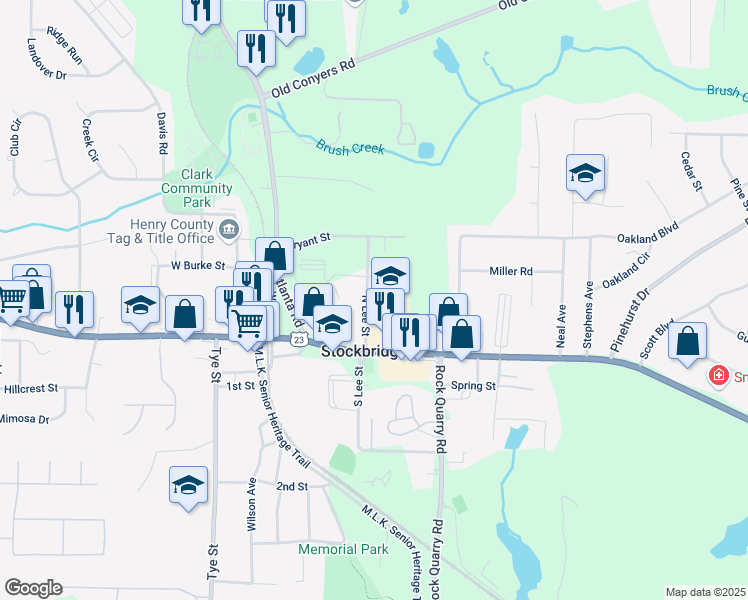 map of restaurants, bars, coffee shops, grocery stores, and more near 101 Brannan Drive in Stockbridge