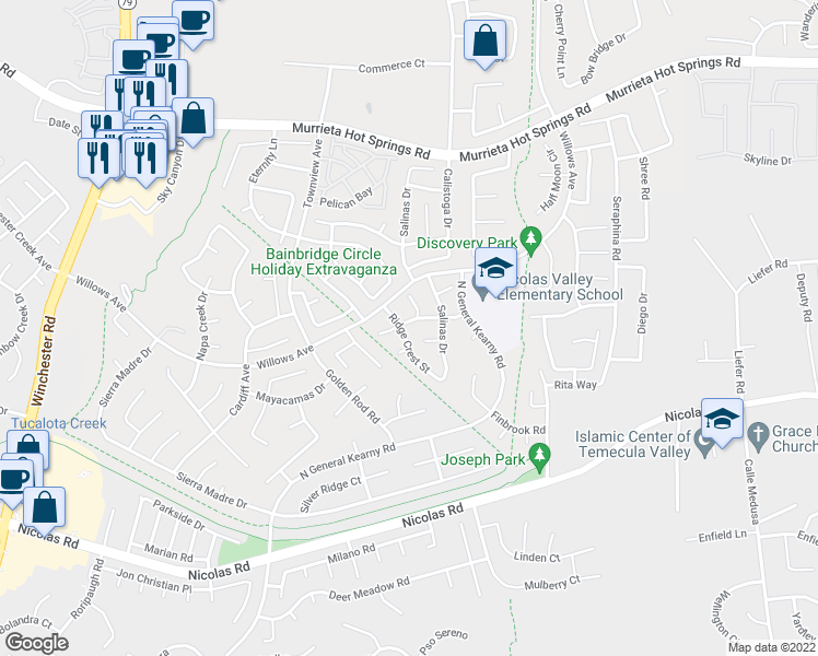 map of restaurants, bars, coffee shops, grocery stores, and more near 39586 Ridgecrest Street in Murrieta