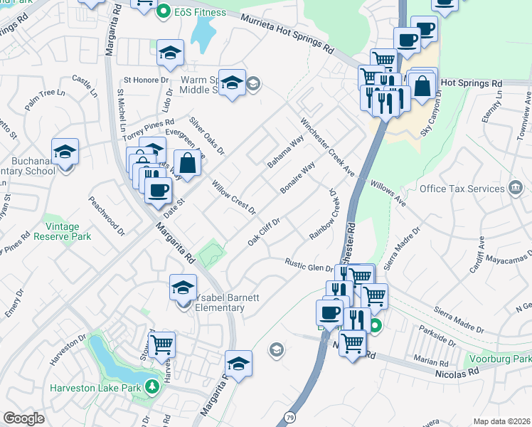 map of restaurants, bars, coffee shops, grocery stores, and more near 39640 Bonaire Way in Murrieta