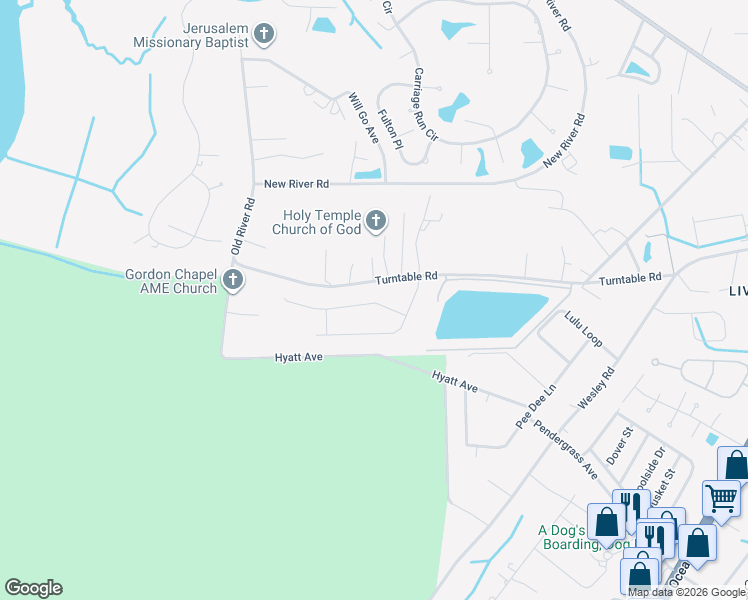map of restaurants, bars, coffee shops, grocery stores, and more near 1410 Turntable Road in Murrells Inlet