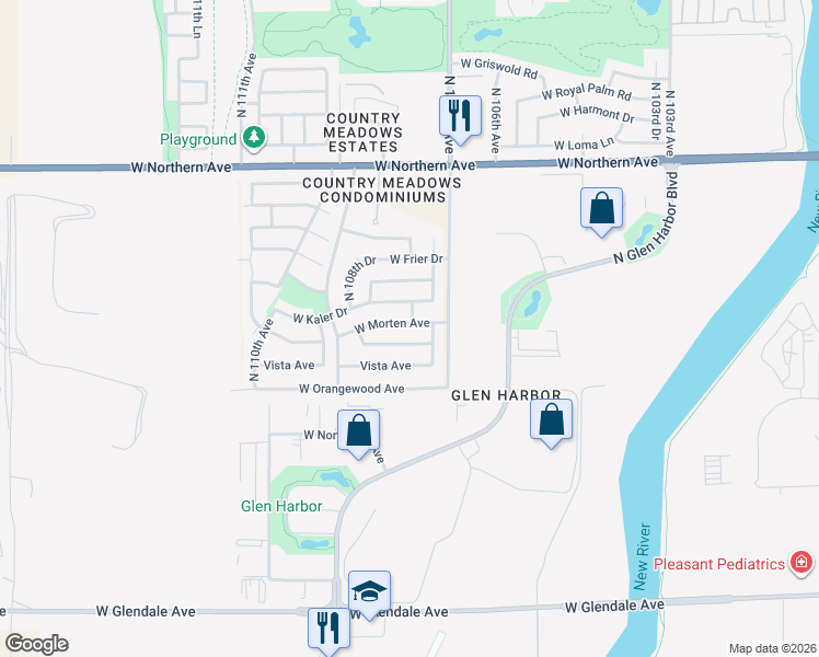 map of restaurants, bars, coffee shops, grocery stores, and more near 10737 West Morten Avenue in Glendale