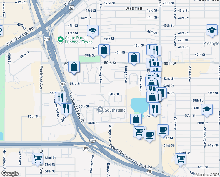map of restaurants, bars, coffee shops, grocery stores, and more near 3 53rd Street in Lubbock