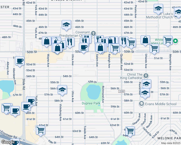 map of restaurants, bars, coffee shops, grocery stores, and more near 4602 54th Street in Lubbock
