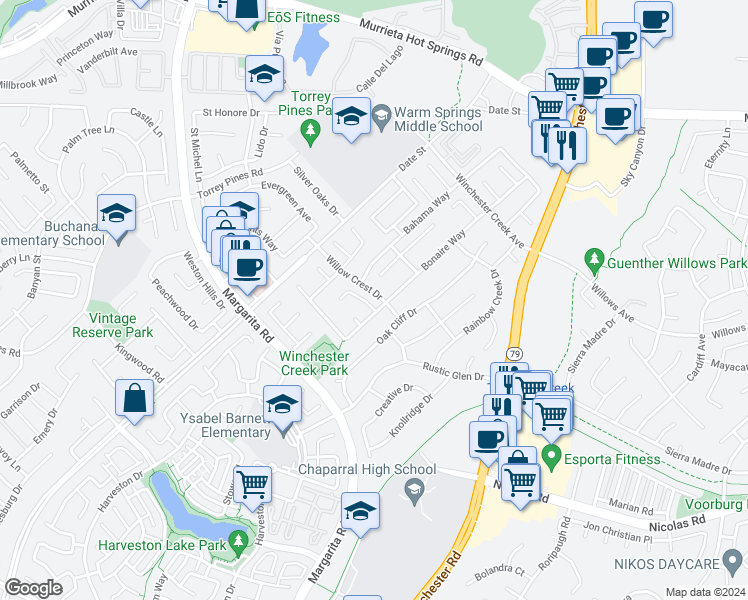 map of restaurants, bars, coffee shops, grocery stores, and more near 26954 Saint Kitts Court in Murrieta