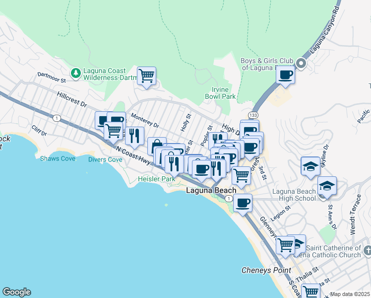 map of restaurants, bars, coffee shops, grocery stores, and more near 380 Aster Street in Laguna Beach