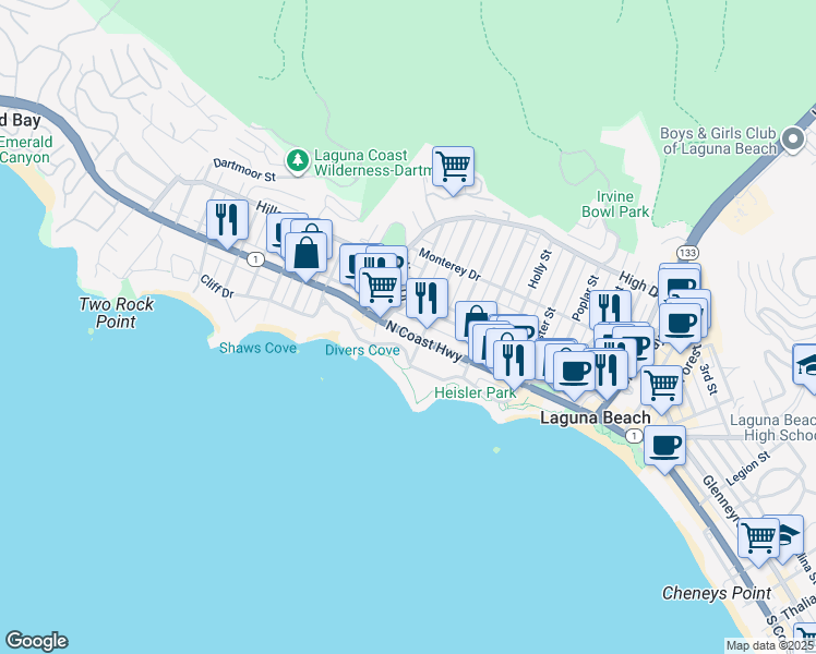 map of restaurants, bars, coffee shops, grocery stores, and more near 542 North Coast Highway in Laguna Beach