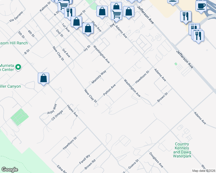 map of restaurants, bars, coffee shops, grocery stores, and more near 42165 Patton Place in Murrieta