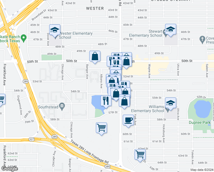 map of restaurants, bars, coffee shops, grocery stores, and more near 7 Albany Avenue in Lubbock