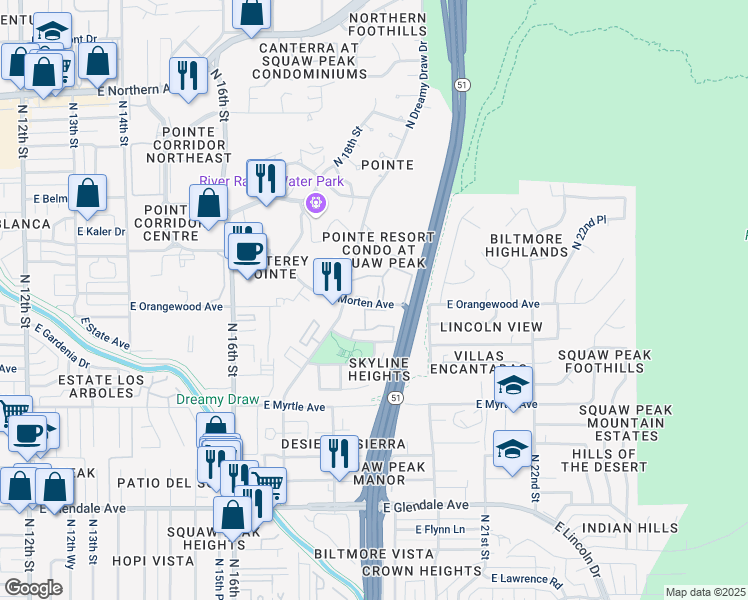 map of restaurants, bars, coffee shops, grocery stores, and more near 1880 East Morten Avenue in Phoenix